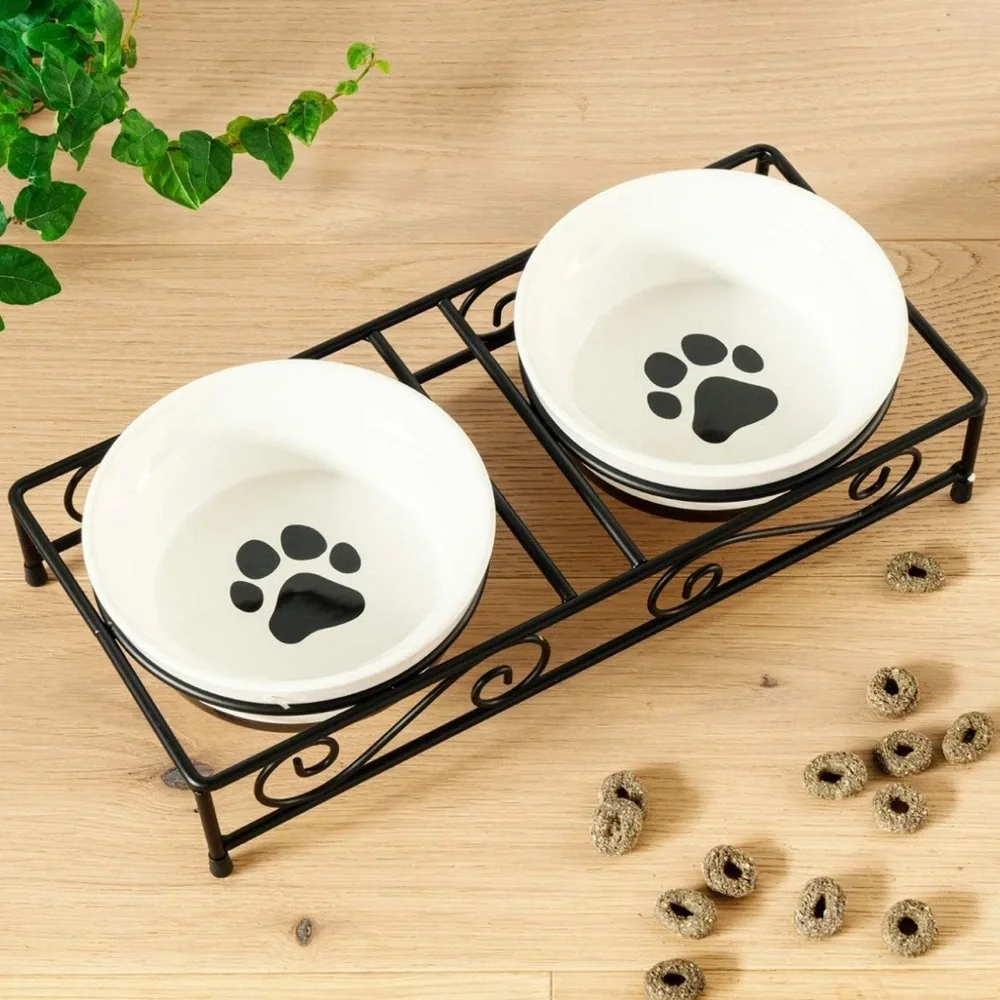 Set of 2 ceramic food water bowls for raised feeder